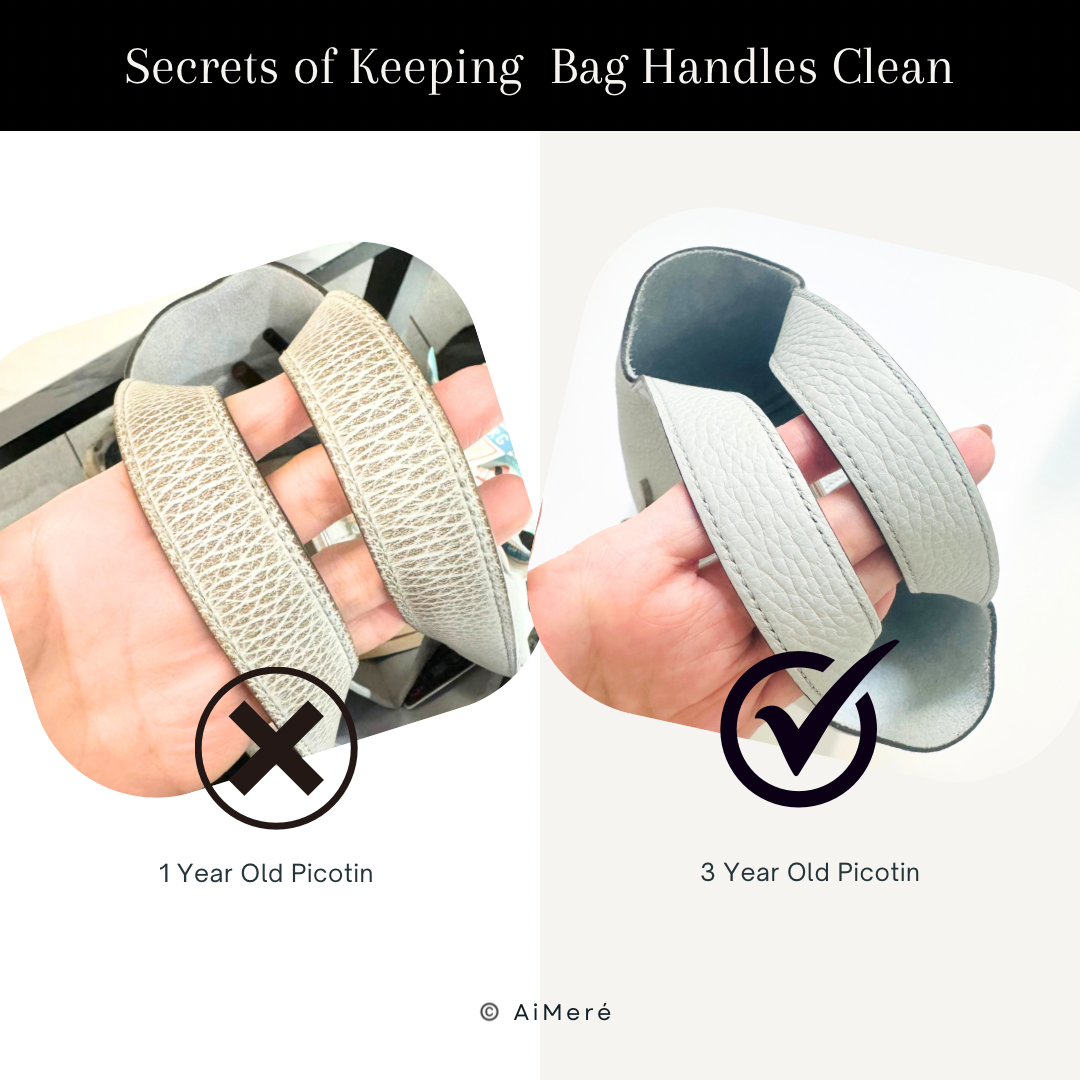 Hermes Picotin Bag stained handle after one year use Comparison of before and after clean handle after 3 years of use fur wrap top handle bag protection protector