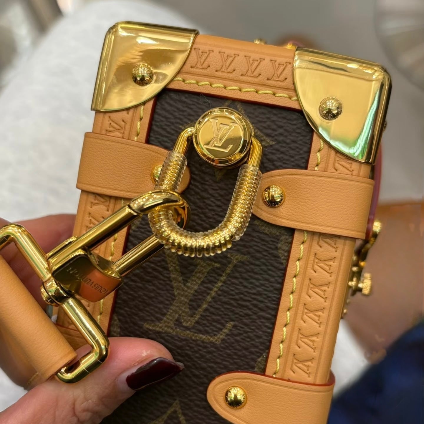 Close-up of a Louis Vuitton handbag with gold hardware