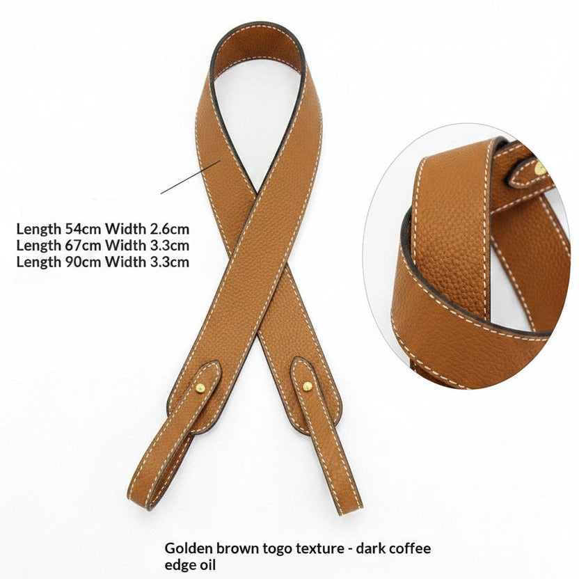Brown leather strap with dimensions and texture details on a white background