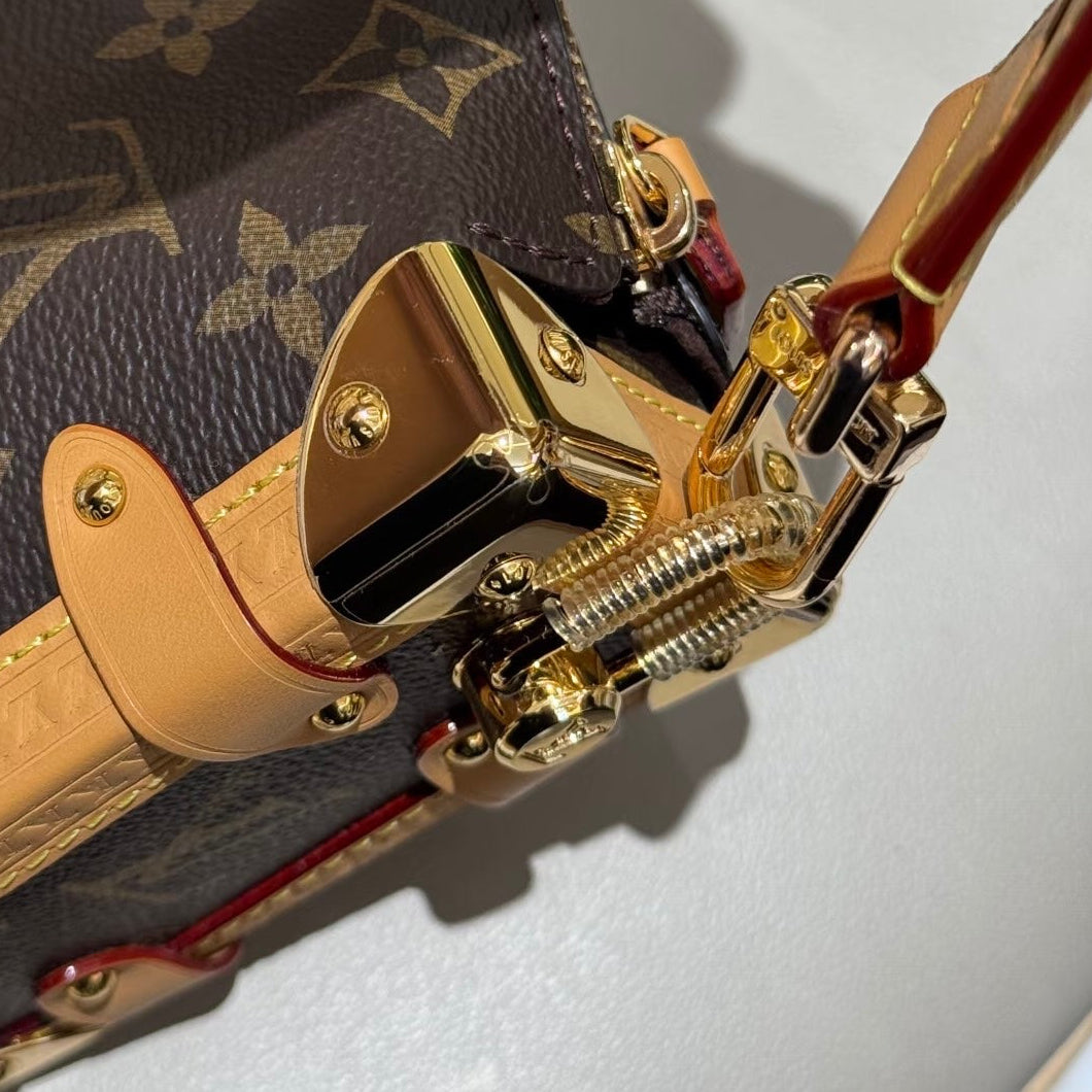 Designer LV trunk bag with monogram pattern and gold accents on a white background, protection hardware