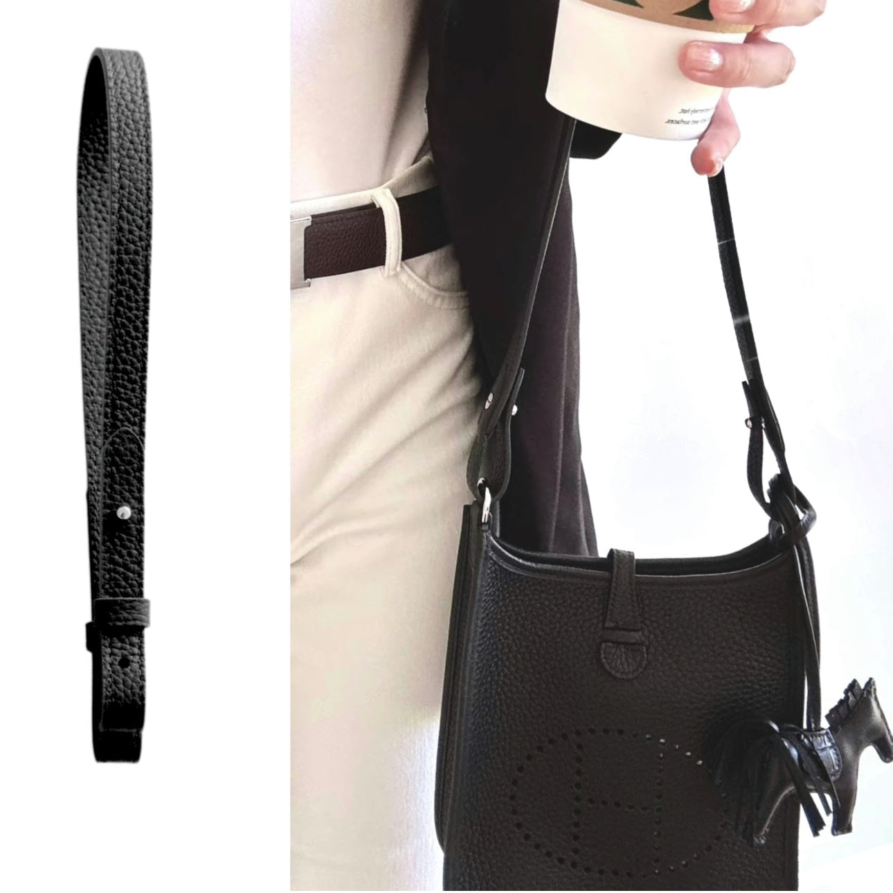 Black leather handbag with a strap, worn over a shoulder, held by a person.