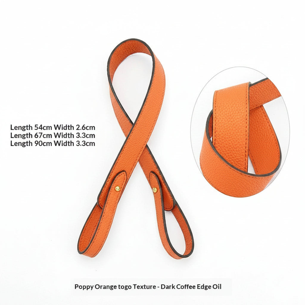 Orange leather strap with dimensions and texture details on a white background